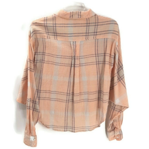 Free People Peach Plaid Cropped Button Up Small - Picture 5 of 7